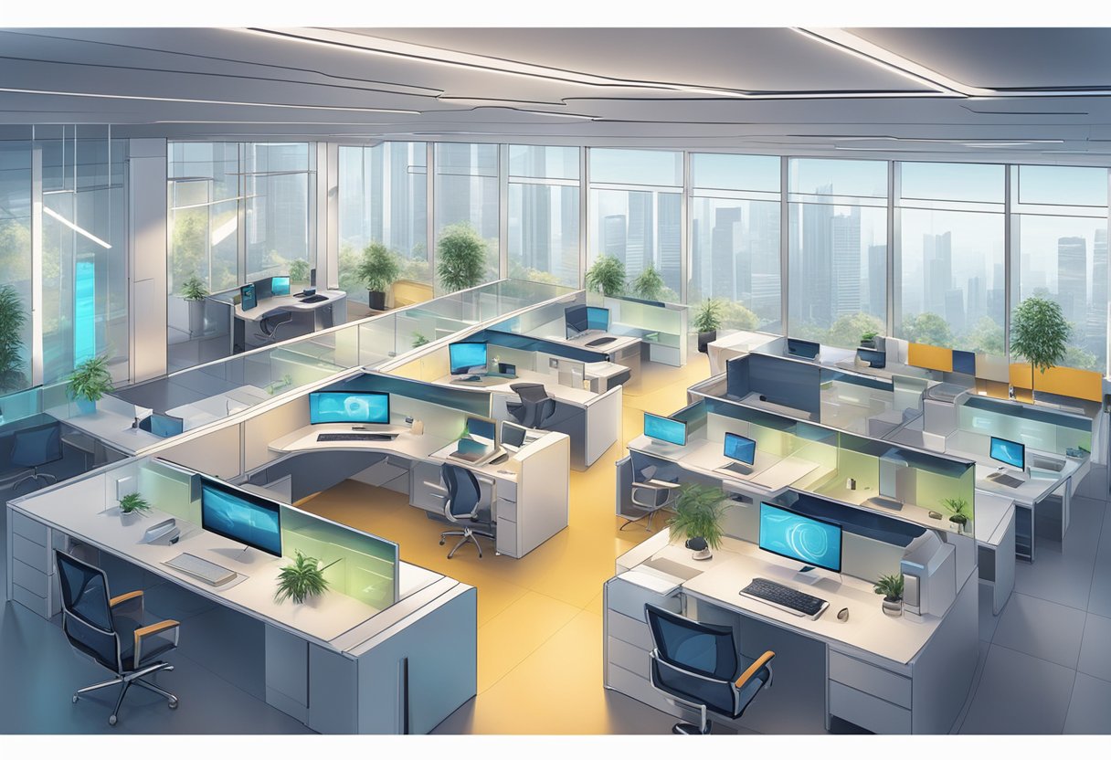 A futuristic office space with AI technology seamlessly integrated into daily operations, showcasing efficiency and adaptability