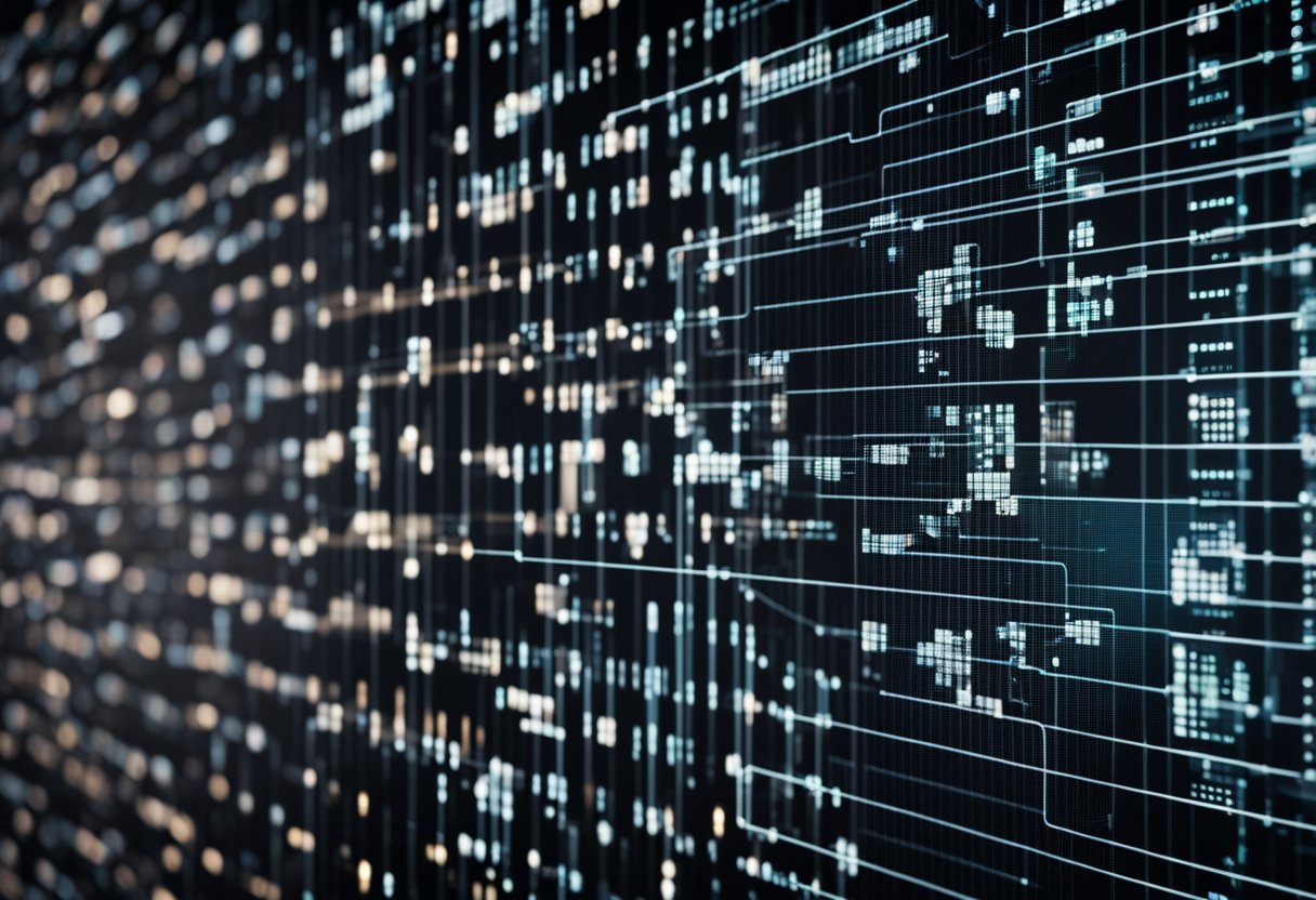 A computer screen displaying AI algorithms detecting and preventing cyber threats, with a network of interconnected devices in the background