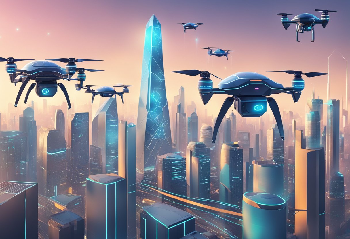 A futuristic city skyline with AI-powered drones and robots working alongside humans. Advanced technology and data networks are visible throughout the scene