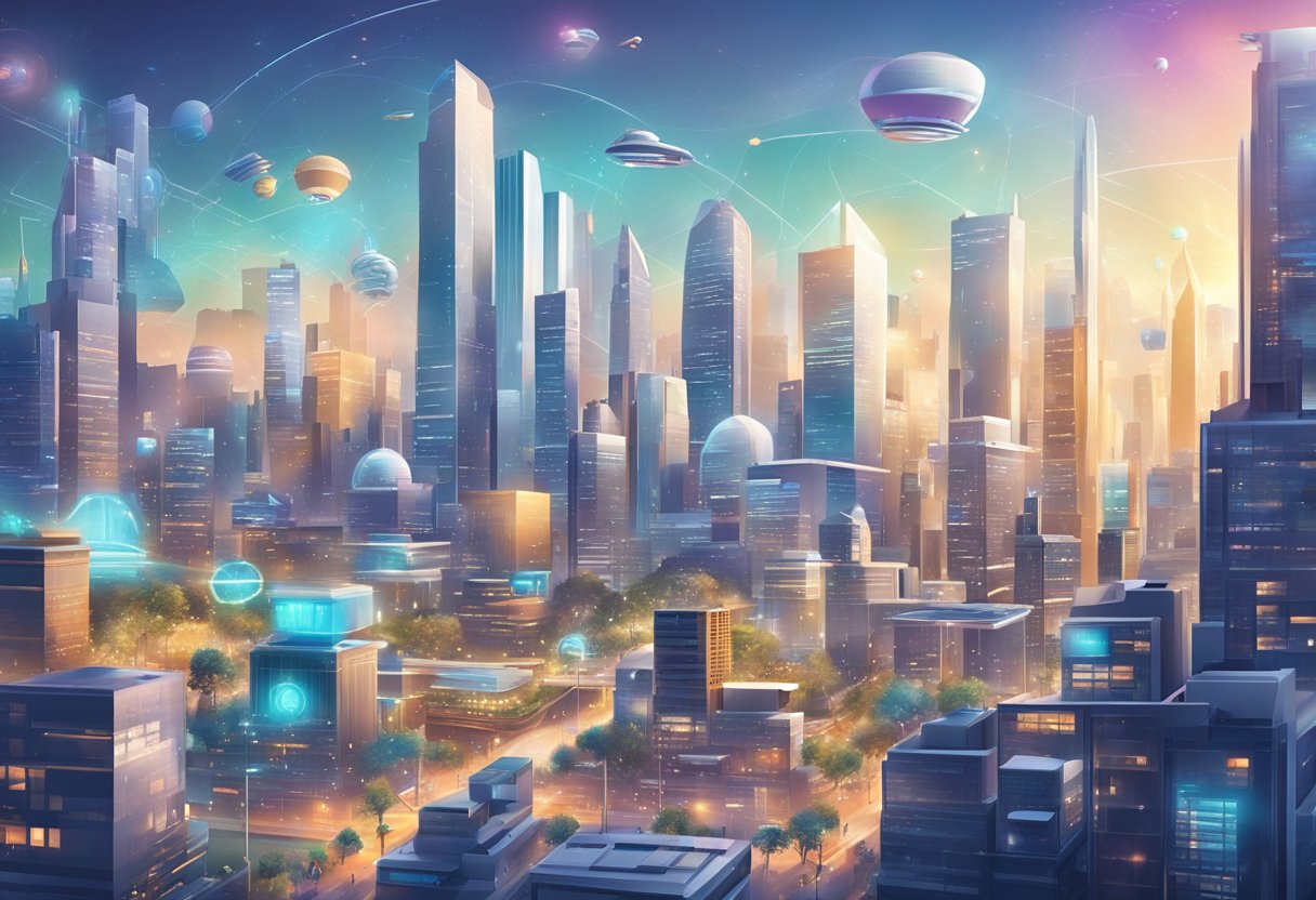 A bustling city skyline with various businesses and industries incorporating AI technology into their operations. Bright, futuristic buildings and advanced machinery showcase the integration of AI in the business world